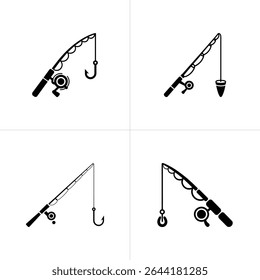 This graphic displays four distinct black and white illustrations of fishing rods with hooks, bobbers, and reels, all positioned against a clean white background.