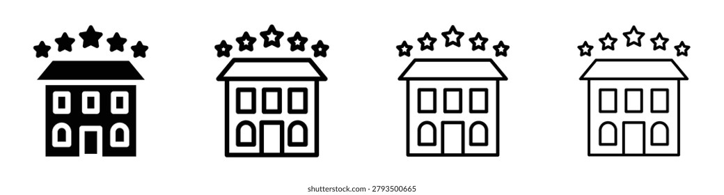 This graphic displays four distinct hotel rating icons, each featuring a building silhouette topped with five stars to signify quality and service