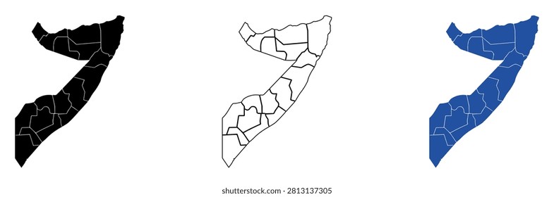 This graphic displays the geographical outline of Somalia, divided into its distinct administrative regions with clear borders
