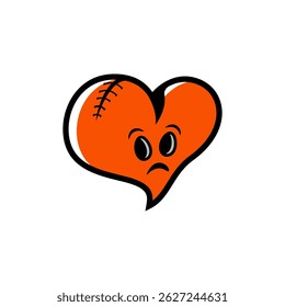 This graphic displays a heart designed to resemble a baseball, featuring a frown. The unique design combines sports and emotions, conveying a feeling of disappointment.