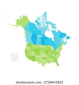 This graphic displays the map of the United States and Canada. It shows each state and province in a clear layout. The map includes Alaska and covers the entire region.
