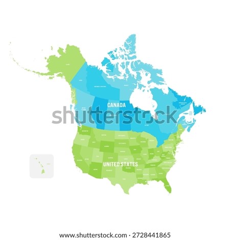 This graphic displays the map of the United States and Canada. It shows each state and province in a clear layout. The map includes Alaska and covers the entire region.