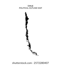 This graphic displays an outline map of Chile, emphasizing its unique shape, political boundaries, and various geographic divisions across the country from north to south.