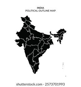 This graphic displays the political outline of India, highlighting the distinct state boundaries across the country. Each state is outlined clearly, offering a visual representation of the geography.