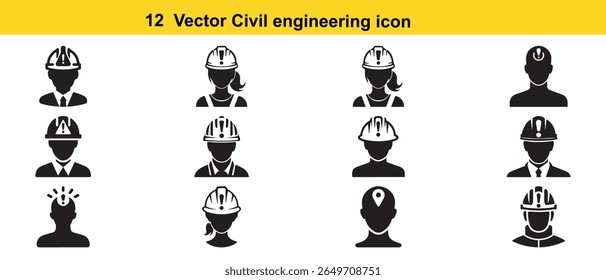 This graphic displays a set of twelve black silhouette icons representing civil engineers. Each icon is isolated on a clean white background, showcasing diverse engineer representations.
