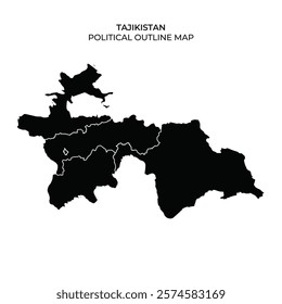 This graphic displays a silhouette map of Tajikistan, showcasing its political boundaries and distinct regions. The black outline emphasizes the countrys geography effectively.