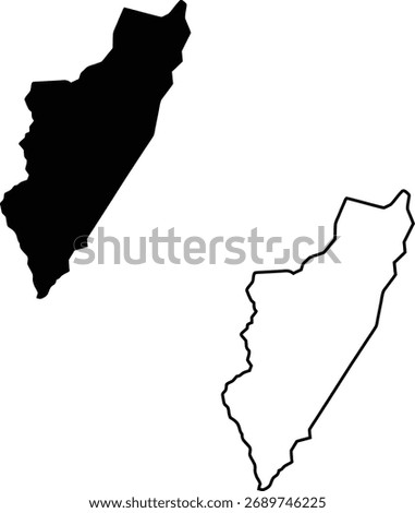 This graphic displays a solid black shape alongside its corresponding black line contour, depicting an unknown landmass.