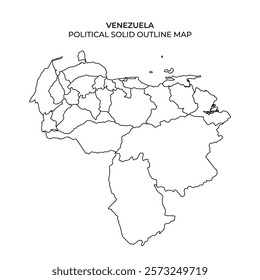 This graphic displays a solid outline map of Venezuela, detailing its political boundaries and state divisions, useful for educational and informational purposes about the country.