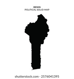 This graphic displays a solid silhouette of Benin, highlighting its political boundaries in a minimalist style. The absence of detail emphasizes the countrys shape and structure.