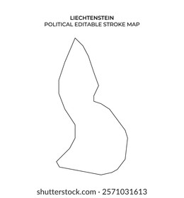 This graphic displays a stroke map of Liechtenstein, featuring its distinct outline. It can be easily edited for design or educational uses to highlight specific areas.