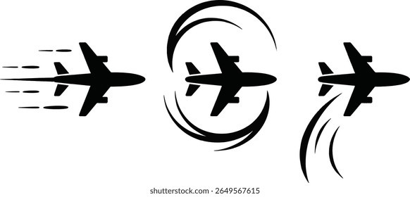 This graphic displays three black airplane silhouettes. One shows rapid forward motion with speed lines, another is in a circular maneuver, and the third is ascending.