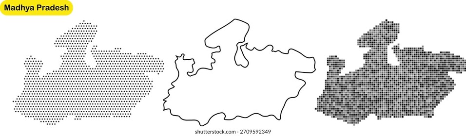 Este gráfico exibe três representações artísticas distintas do contorno do mapa de Estado de Madhya Pradesh, com matriz de pontos, arte de linhas simples e um padrão em azulejos para uso de design diversificado.