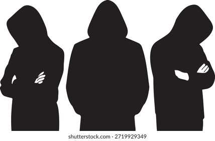 Este gráfico muestra a tres individuos con sudaderas con capucha, representadas como siluetas negras sobre un fondo blanco. Las figuras se paran con los brazos cruzados, creando una composición visual misteriosa y descarnada.