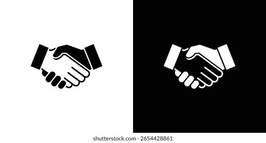Este gráfico exibe duas ilustrações de handshake, uma preta sobre branca e outra branca sobre preta, representando acordos, parcerias e transações de negócios em um formato vetorial.