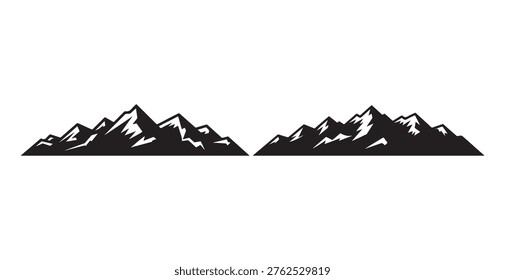 This graphic displays two separate, stylized black mountain silhouettes against a plain white background, rendered in a clean, high-contrast vector art style suitable for logos, stickers, or digital design elements.