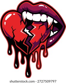 Esta ilustração gráfica e ousada apresenta uma boca de vampiro estilizada com presas proeminentes mordendo um coração partido. O coração, representado em vermelho vivo com uma rachadura em ziguezague correndo pelo seu centro, parece quebrado e sangra líquido preto de sua base. A paleta de cores consiste em vermelhos marcantes, roxos profundos para os lábios e branco contrastante para as presas, criando uma estética ousada e pop art. A imagem evoca temas de desgosto, traição e romance sombrio.