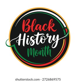 Este emblema gráfico comemora o Mês da História do Negro Americano com texto em negrito e um quadro circular. Ele apresenta uma impressionante paleta de cores vermelho, verde e amarelo contra um fundo preto profundo. O design serve como um símbolo poderoso para homenagear a herança e as conquistas culturais afro-americanas.