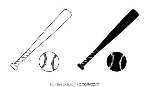 This graphic features a baseball bat and ball in both solid black and white outline forms, representing classic sporting equipment for America’s pastime.