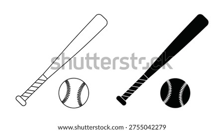 This graphic features a baseball bat and ball in both solid black and white outline forms, representing classic sporting equipment for America’s pastime.