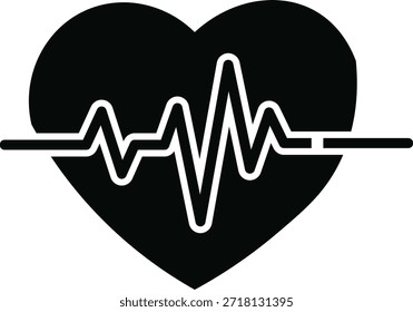 This graphic features a black heart shape with a white electrocardiogram line running through its center, representing a heartbeat or cardiac rhythm. It symbolizes health. high-quality professional detailed modern elegant