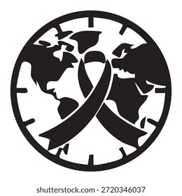 Este gráfico presenta una silueta negra de un mapa del mundo con continentes visibles. Una cinta de concienciación prominente se superpone en el centro, cruzando los continentes. Toda la Imagen está contenida dentro de un marco circular con líneas segmentadas, que se asemejan a un reloj o un globo estilizado. Se presenta sobre un fondo blanco.
