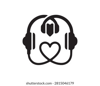 This graphic features a black silhouette of headphones incorporating a heart shape, representing love and connection. The image is suitable for concepts like sister's day, music, and affection.