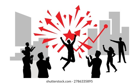 This graphic features black silhouettes of people celebrating, alongside a rising graph and an explosion of red shapes. The composition includes figures clapping, jumping, and pointing, set against a cityscape silhouette.