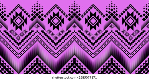 This graphic features a bold horizontal arrangement of stylized geometric motifs in black against a vibrant, light purple background. The design evokes a contemporary interpretation of traditional