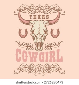 Diese Grafik zeigt ein klassisches Texas Cowgirl Thema mit einem Totenkopf Hufeisen und floralen Elementen. Es fängt den Geist des amerikanischen Westens ein, der kühne und rustikale Charme zeigt.
