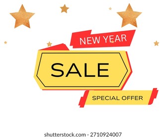 Diese Grafik zeigt ein sauberes, feierliches "NEW YEAR SALE"-Design mit einem gelben Sechseck mit "SALE" und roten Bannern für "NEW YEAR" und "SPECIAL OFFER", akzentuiert von goldenen Sternen.

