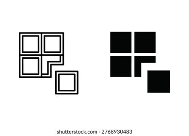 This graphic features a clean geometric arrangement of squares, with one piece separate, symbolizing connection, incompleteness, or modularity. Suitable for design, abstract concepts, and creative projects.