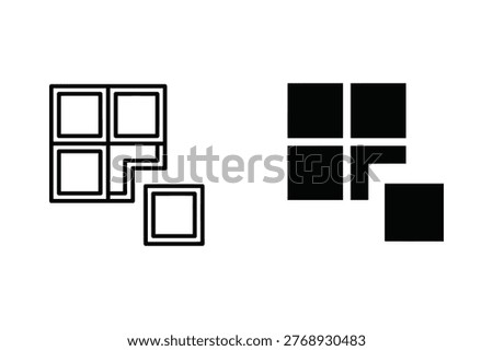 This graphic features a clean geometric arrangement of squares, with one piece separate, symbolizing connection, incompleteness, or modularity. Suitable for design, abstract concepts, and creative projects.