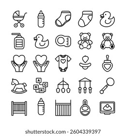 This graphic features a collection of 20 simple, black line art icons depicting various baby-related items. Set of Simple Line Art Baby Icons
