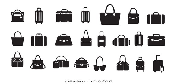 Este gráfico apresenta uma coleção de ícones de silhueta preta representando diferentes tipos de bolsas e bagagem.