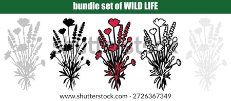This graphic features a collection of five stylized wild flower bouquets each rendered in a distinct artistic manner The bundle includes two intricate dotted grayscale designs a striking solid black silhouette a vibrant version with red flowers and accents 