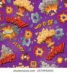 This graphic features a colorful comic book design filled with explosive phrases and illustrations like boom flop and poof against a purple background.