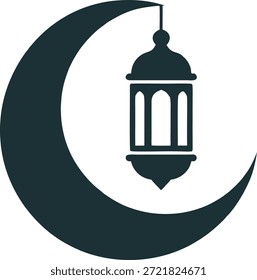 Este gráfico presenta una forma de luna creciente oscura, enmarcando elegantemente una linterna detallada, que representa la fe y el espíritu del Ramadán