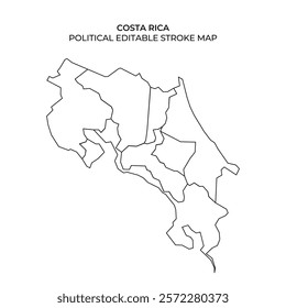 This graphic features an editable stroke map of Costa Rica, highlighting the political divisions such as provinces and regions. Ideal for educational or design purposes, it offers a clear outline.