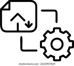 This graphic features a file with arrows linked to a gear, symbolizing settings and data transfer. It is a simple and modern outline icon design.