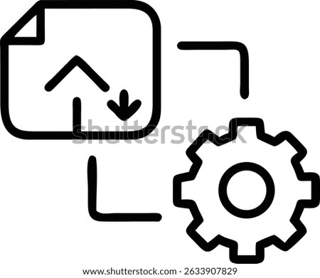 This graphic features a file with arrows linked to a gear, symbolizing settings and data transfer. It is a simple and modern outline icon design.