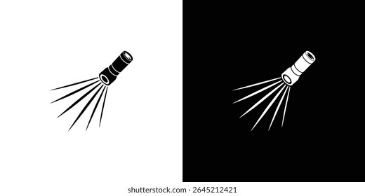 This graphic features a flashlight icon, rendered once in black on a white background and again in white on a black background with beam.