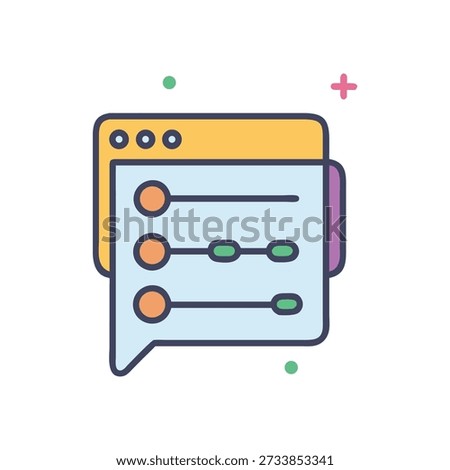 This graphic features a flat style, stylized settings window with sliders for application preferences and options. Simple and clean design.