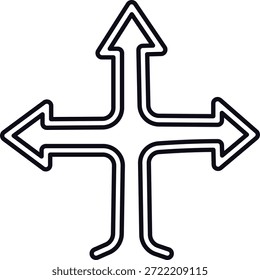 Este gráfico presenta cuatro flechas, cada una apuntando en una dirección cardinal. El diseño utiliza un contorno limpio y audaz y se presenta como una silueta llamativa, que ofrece una representación visualmente directa. profesional de alta calidad detallado moderno elegante limpio nítido vibrante colorido