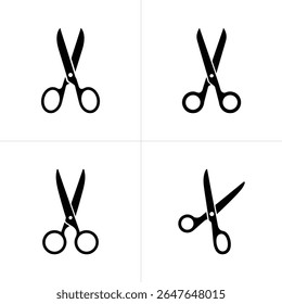 This graphic features four black scissors icons arranged in a grid layout against a bright white backdrop, creating a clean and minimalist illustration.