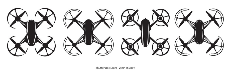 This graphic features four black silhouette designs of drones in a top-down view.