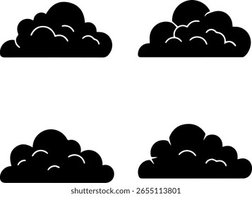 Este gráfico presenta cuatro Formas de nubes negras distintas y estilizadas dispuestas en una cuadrícula de dos por dos. Las nubes tienen un aspecto redondeado y esponjoso con sutiles reflejos que sugieren volumen y textura.