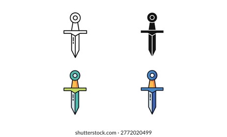 This graphic features four distinct styles of a sword icon, including outline, silhouette, and two filled color versions. Ideal for gaming, medieval themes, or historical design concepts.