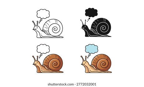 This graphic features four distinct snail illustrations, including outline, silhouette, and two colored versions with different thought bubble styles. Ideal for concepts related to ideas, contemplation, and slow progress in marketing or educational materials.