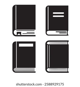 This graphic features four simple, black and white icons of books.