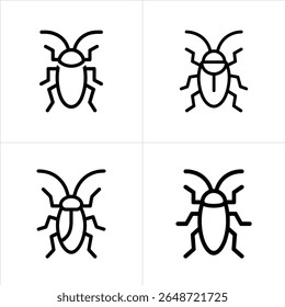 This graphic features four simple black line drawings of cockroach icons arranged on a white backdrop, each with distinct features to represent varied cockroach morphologies.